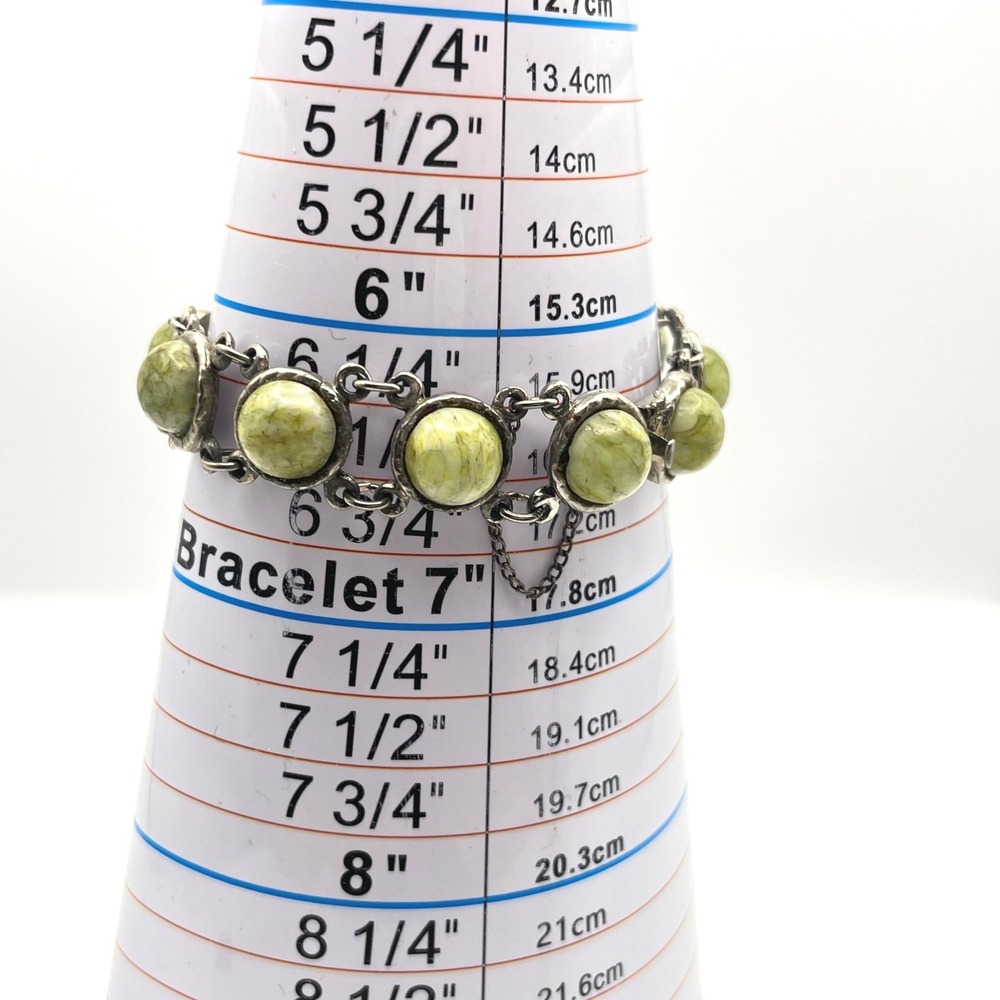 Vintage Silver Tone Green Marbled Stone Link Bracelet with Safety Chain 6.5in - Picture 7 of 7